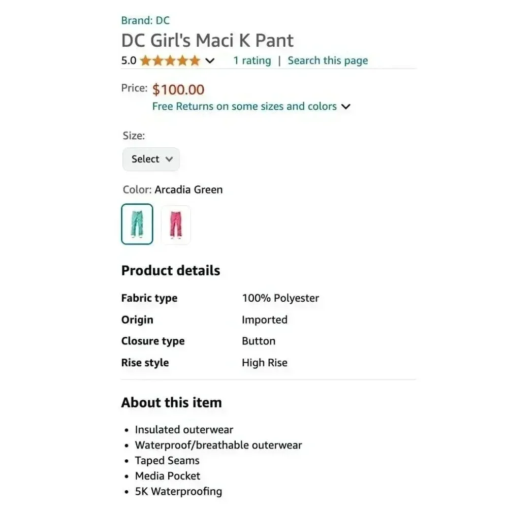 DC Girl's Maci‎ K large mint green snow pants waterproof tapered insulated